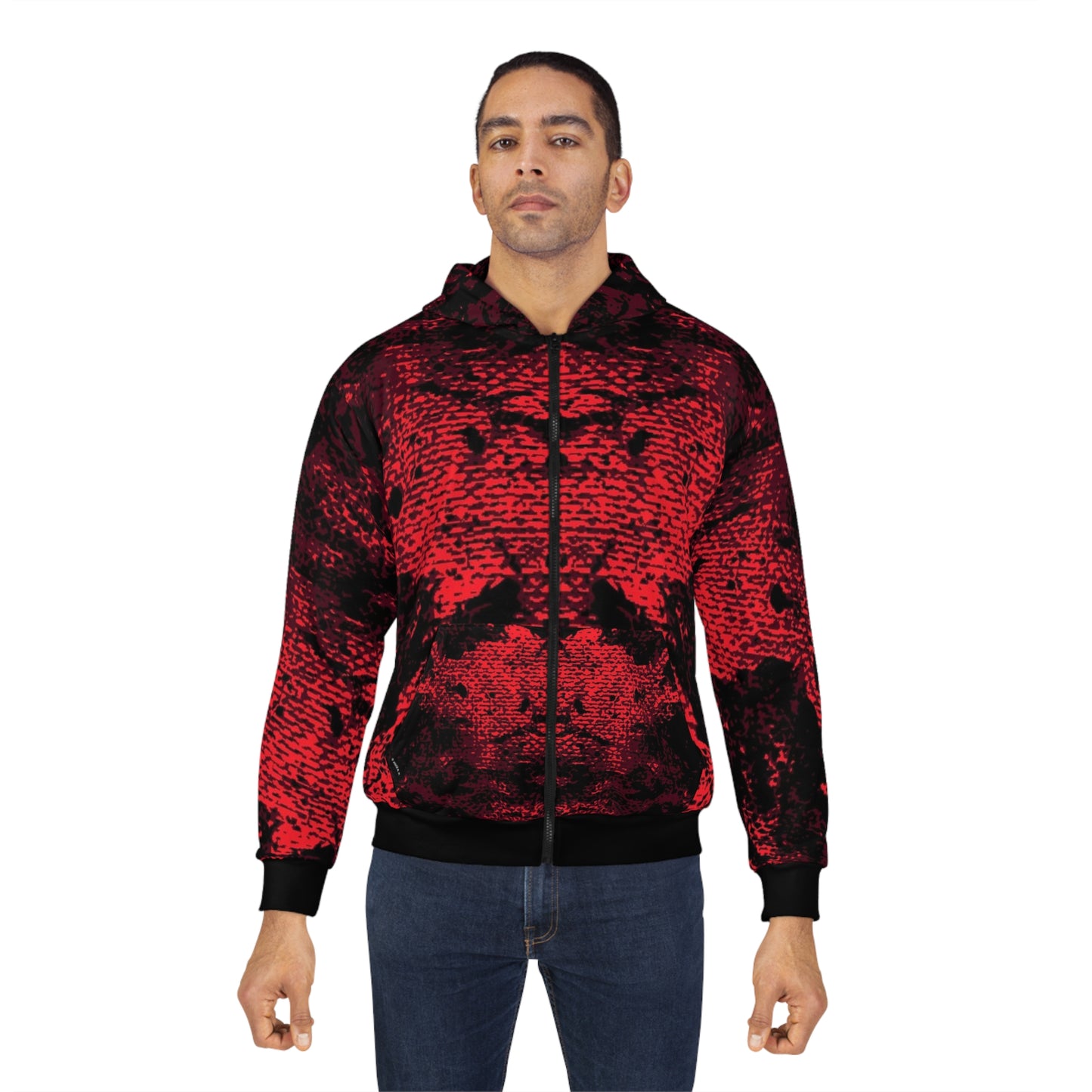 "Mystic Cube" (Cosmic Fusion - Dark Maroon/Neon Red) - Unisex Zip Hoodie