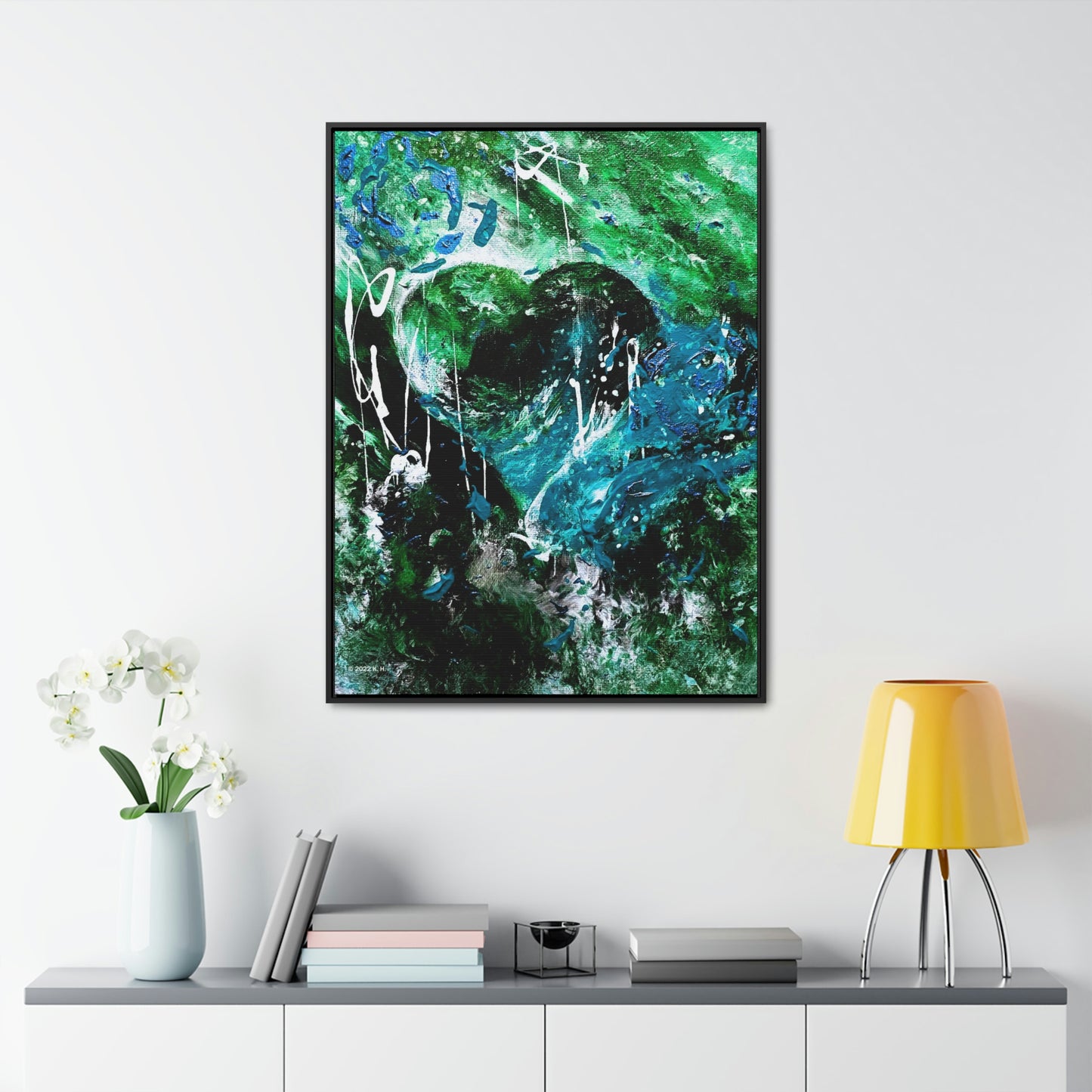 "Dreamy Love" (Forest Green/Teal) - Gallery Canvas Wraps, Vertical Frame